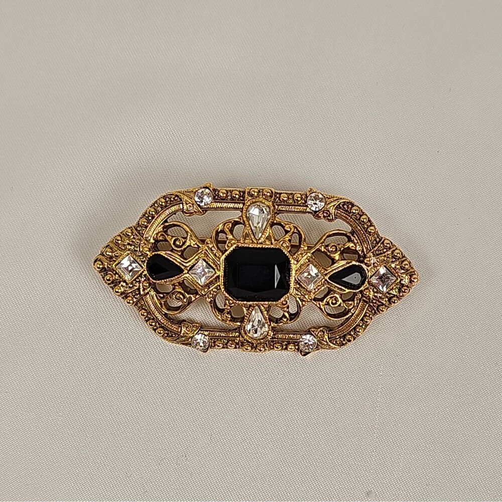 Vintage Art Deco Revival Black Rhinestone Brooch Gold Tone Filigree